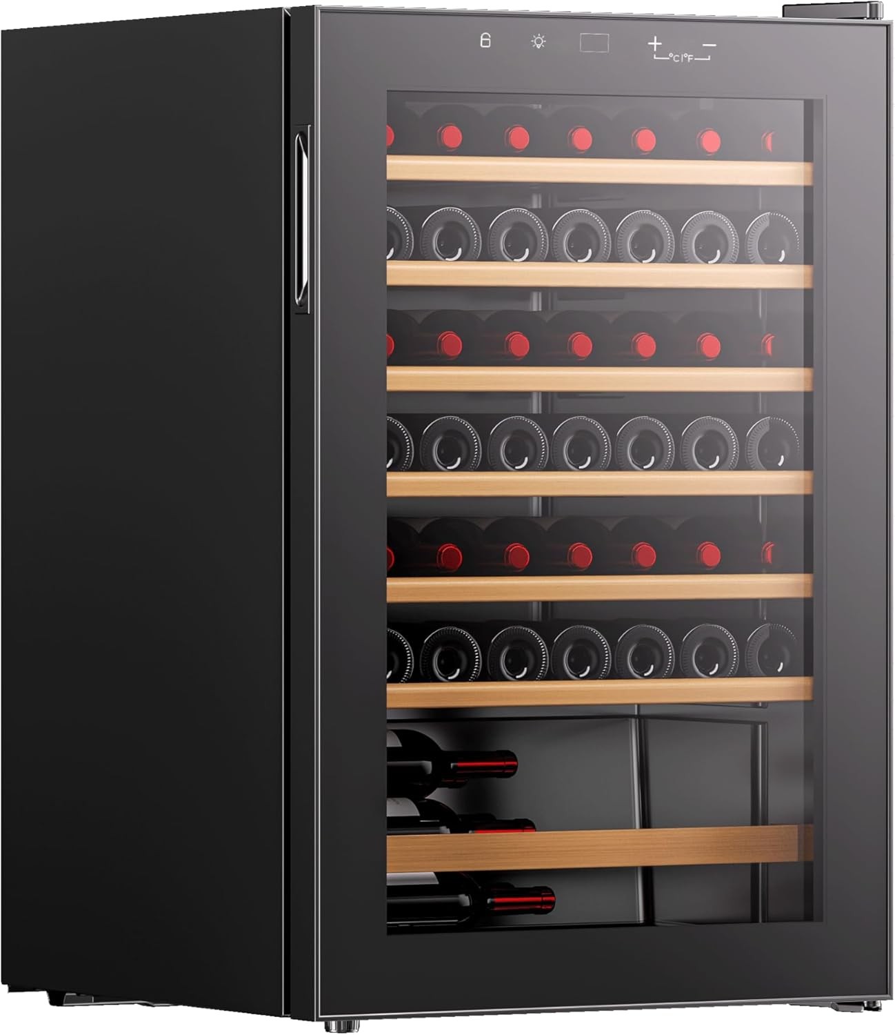 Wine Cooler Fridge 48 Bottle Glass Door LED Wooden Shelves Quiet Black