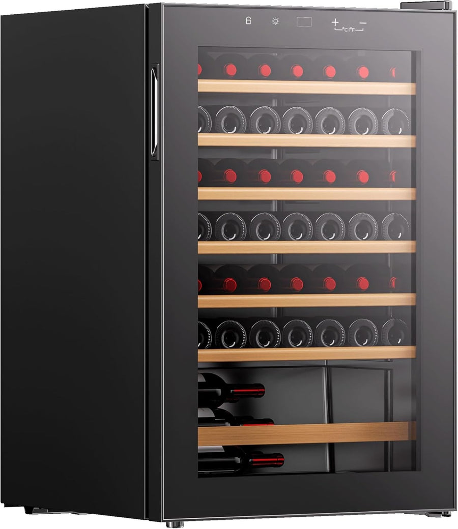 Wine Cooler Fridge 48 Bottle Glass Door LED Wooden Shelves Quiet Black
