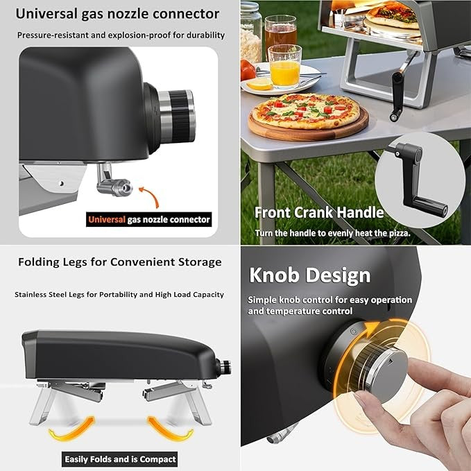 THYXGS 12” Portable Gas Pizza Oven | 520°C Outdoor Pizza Maker with Foldable