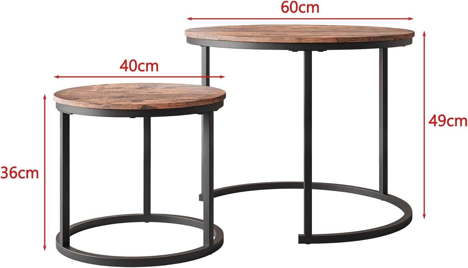 Nesting Coffee Tables Set of 2 Round Wood & Metal Frame Side End Table Black-bro