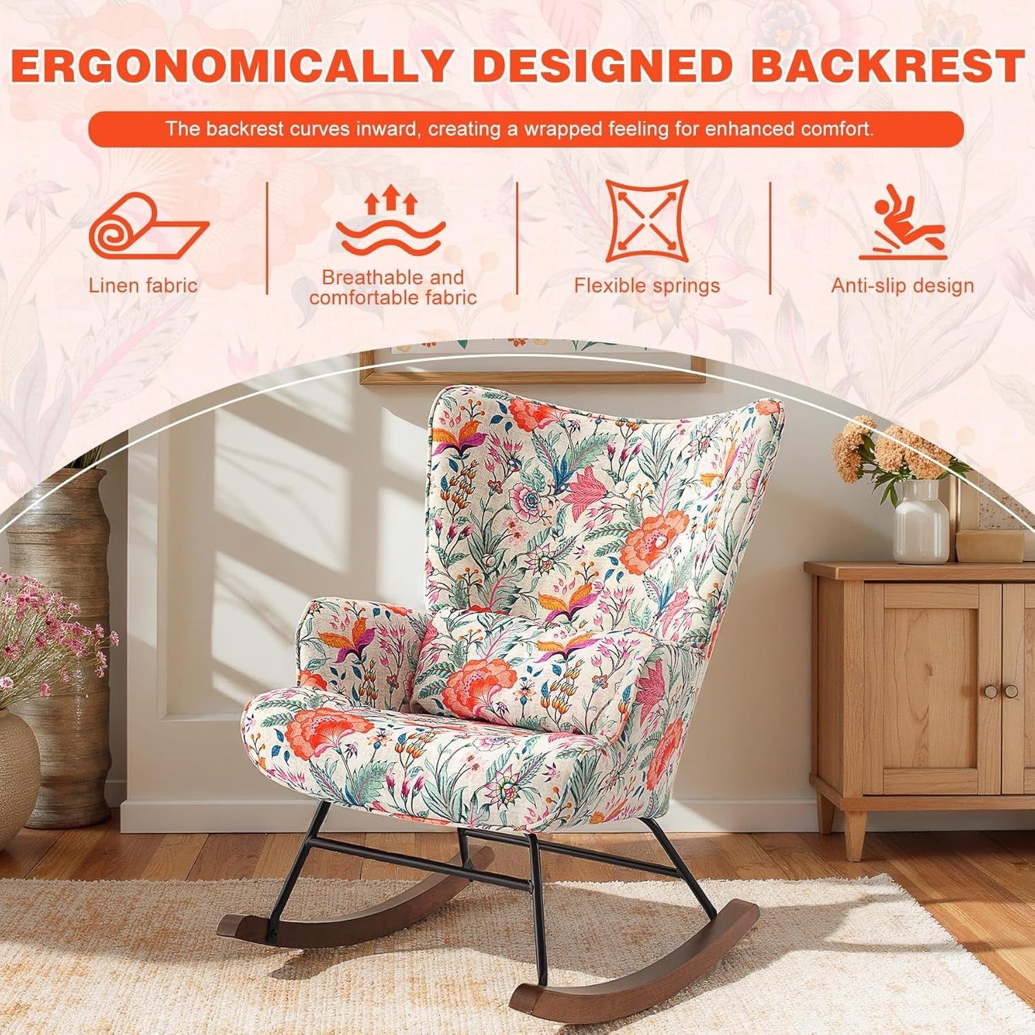 Floral Rocking Chair with Lumbar Support – Comfy Wood Accent Armchair 90cm