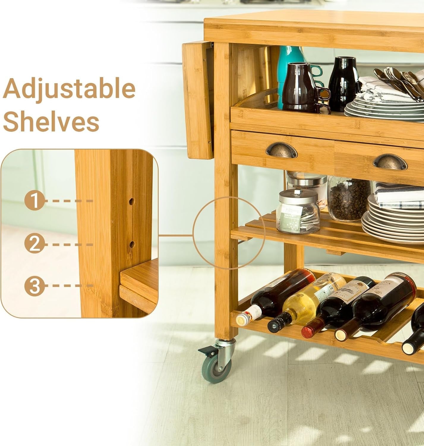 Extendable Bamboo Kitchen Trolley Cart on Wheels Folding Sides Storage Drawers