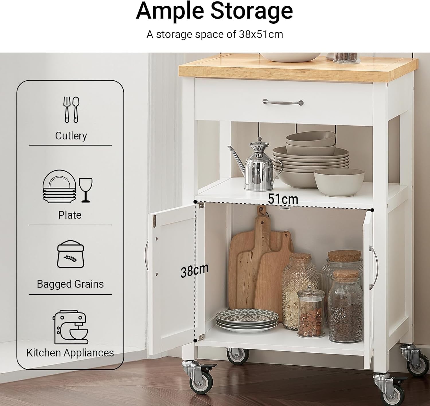 Kitchen Trolley Cart on Wheels Storage Cabinet Rubberwood Top Drawer