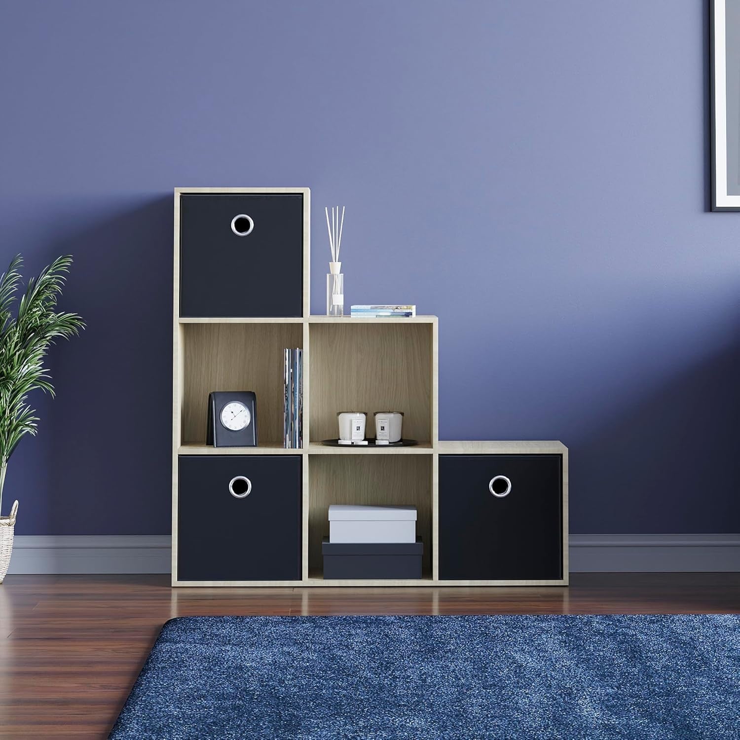 6 Cube Oak Staircase Bookcase with 3 Baskets – Modern Durable Storage