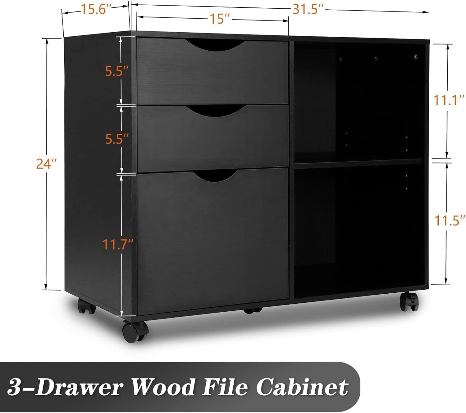 Black Rolling Lateral File Cabinet 3 Drawer Open Shelf Printer Stand