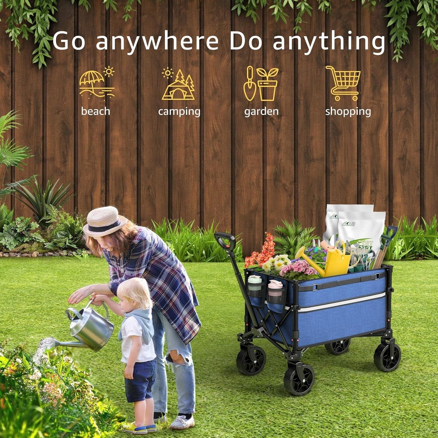 Collapsible Heavy Duty Folding Wagon Cart with Wheels Utility Trolley Navy Blue