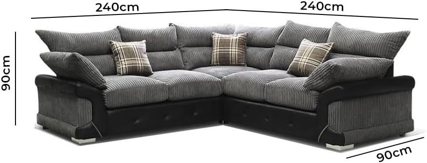Grey L-Shape 5 Seater Leather & Fabric Sofa – Comfy Jumbo Cord Corner Couch