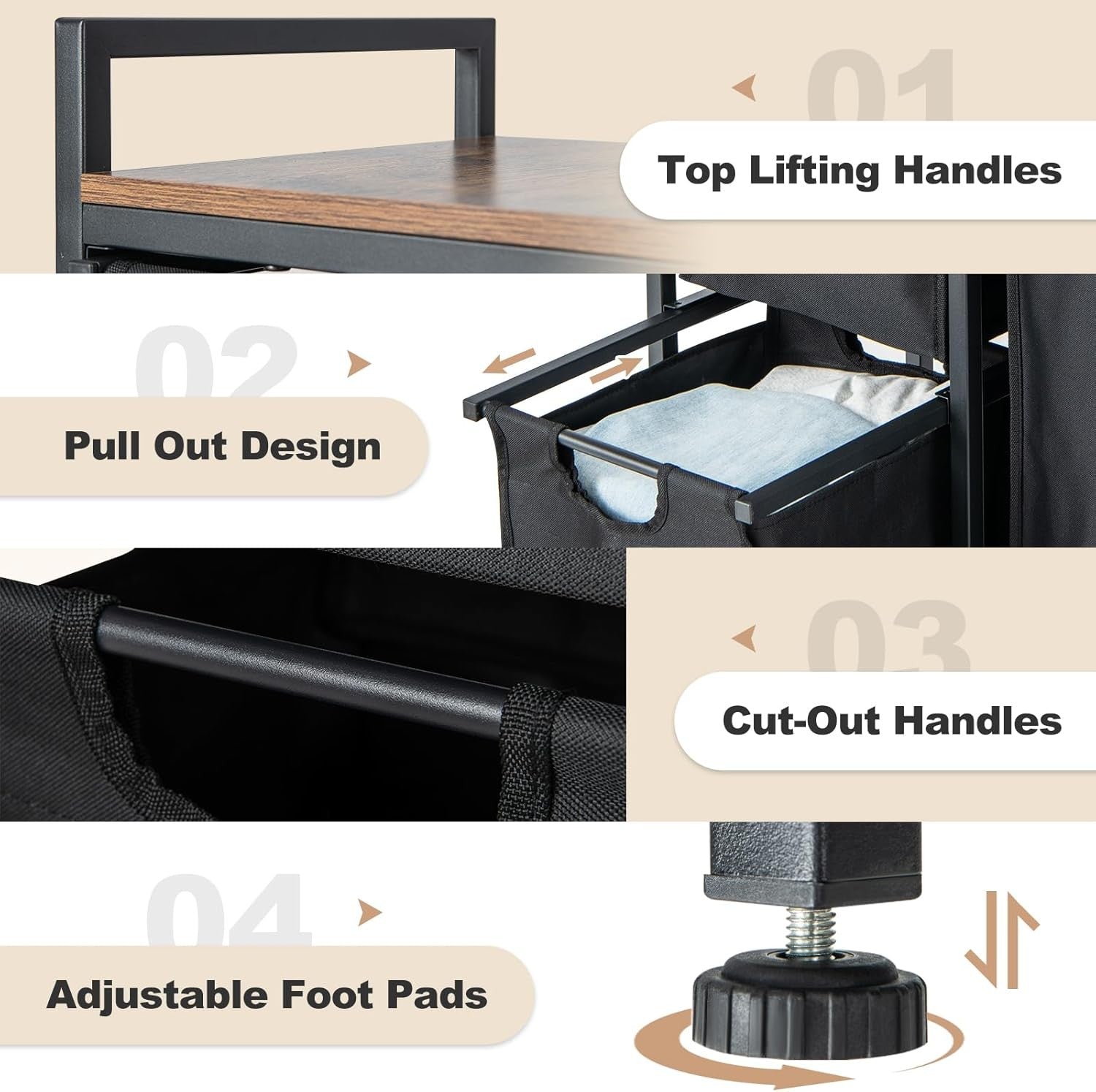 3 Compartment Laundry Basket Pull Out Hampers with Shelf Metal Frame