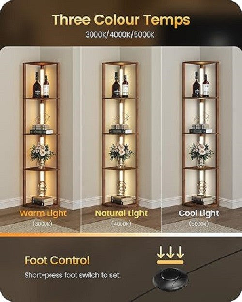 Corner Floor Lamp with Shelves Dimmable LED 4 Tier Wooden Standing Light