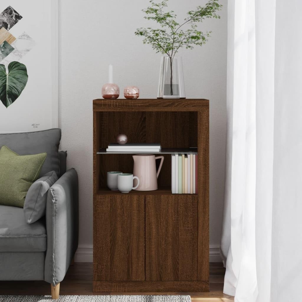 Modern Brown Oak LED Sideboard Cabinet with Custom Lights & Storage