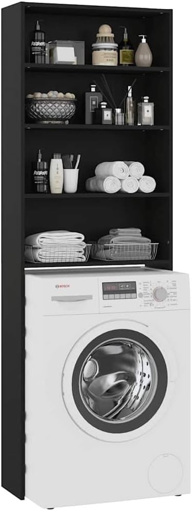 Black Washing Machine Cabinet Over-Washer Storage Unit with Shelves 64×24×190cm