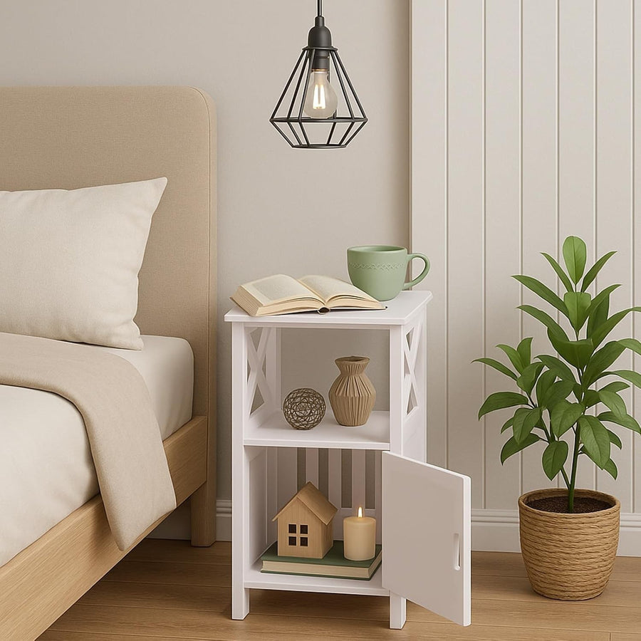 Compact 2-Tier Wooden Bedside Table with Drawer & Open Shelf White