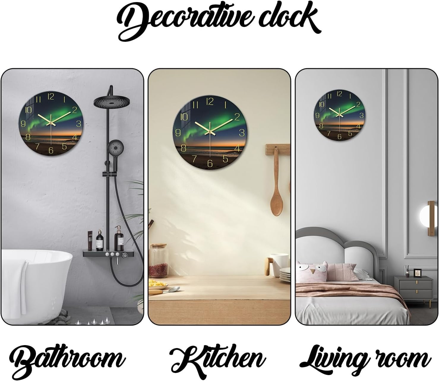 Aurora Wall Clock 12" Glass Silent Non-Ticking Modern Green Gold Home Decor