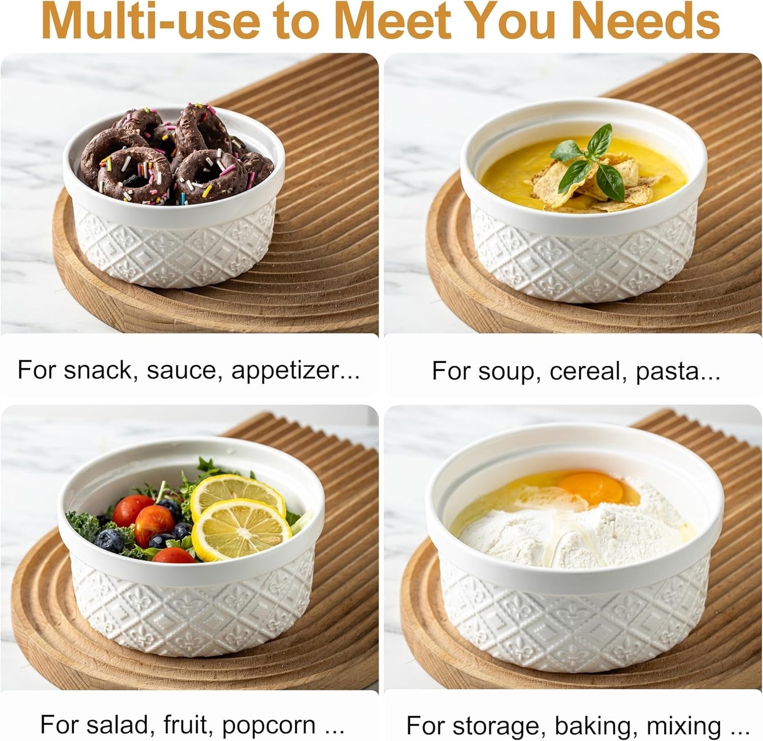 4-Piece White Ceramic Nesting Bowls 12-40oz Oven & Dishwasher Safe