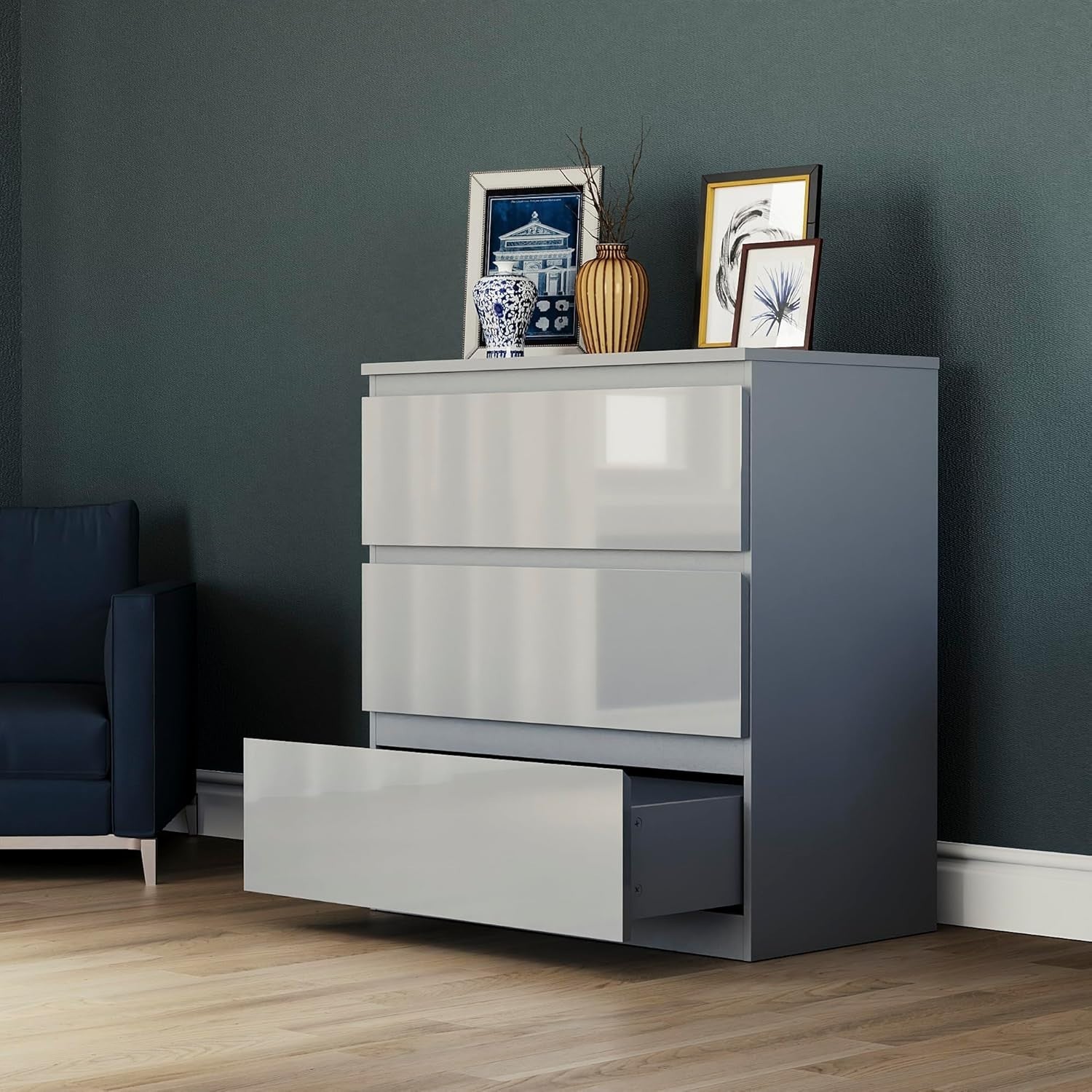 Modern Grey 3-Drawer Chest Storage Cabinet | Smooth Glide, Durable Wood