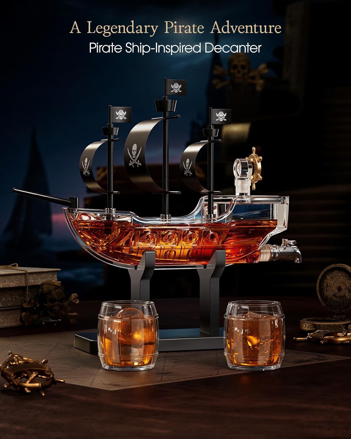 Pirate Ship Whiskey Decanter Set with 2 Glasses | 1L Liquor Dispenser Gift