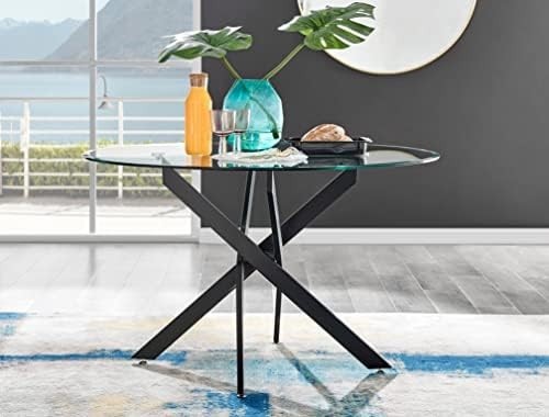 Round Glass Dining Table 120cm Matte Black + 4 Grey Gold Leg Chairs