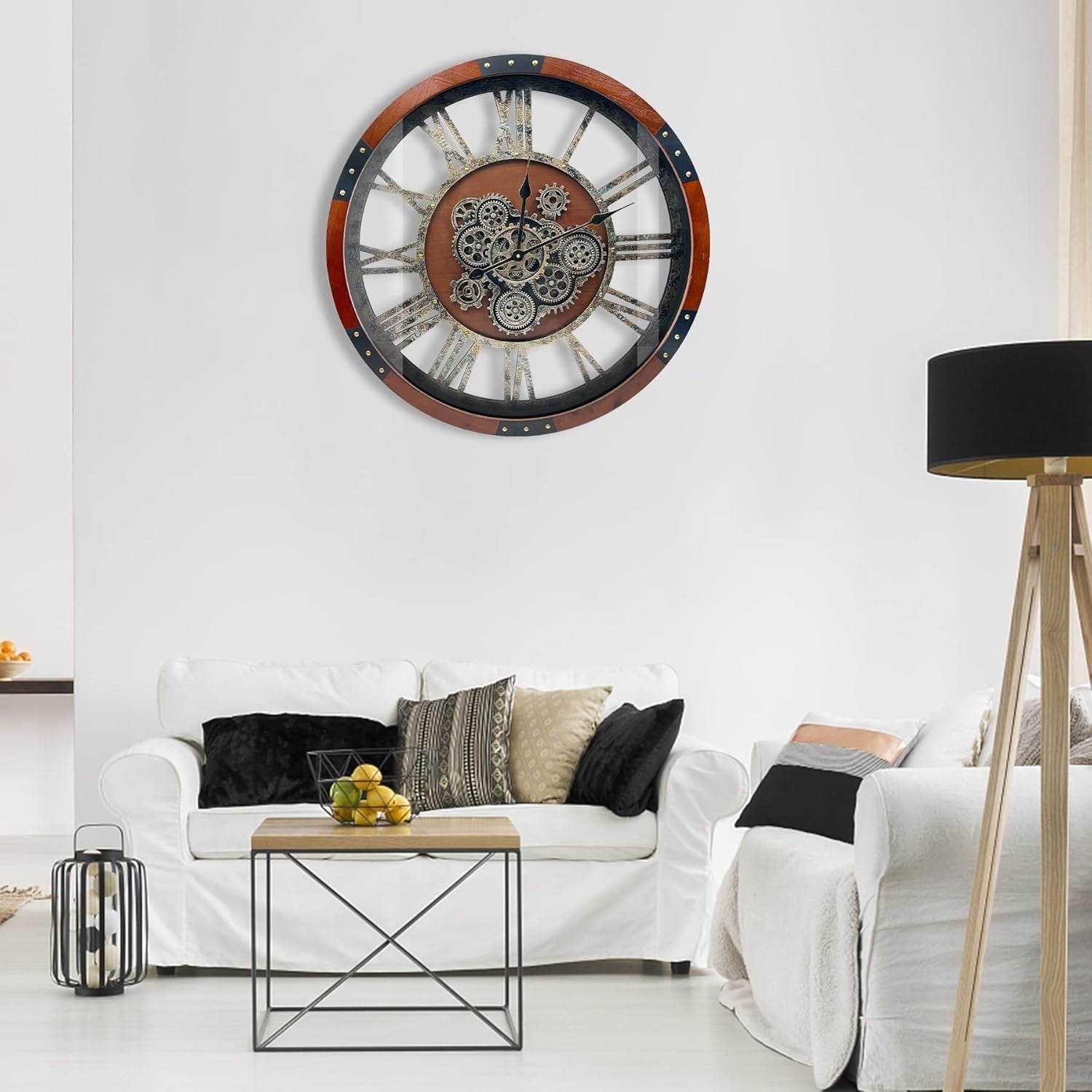 27" Steampunk Wall Clock Wood Industrial Moving Gears Silent Retro Decor