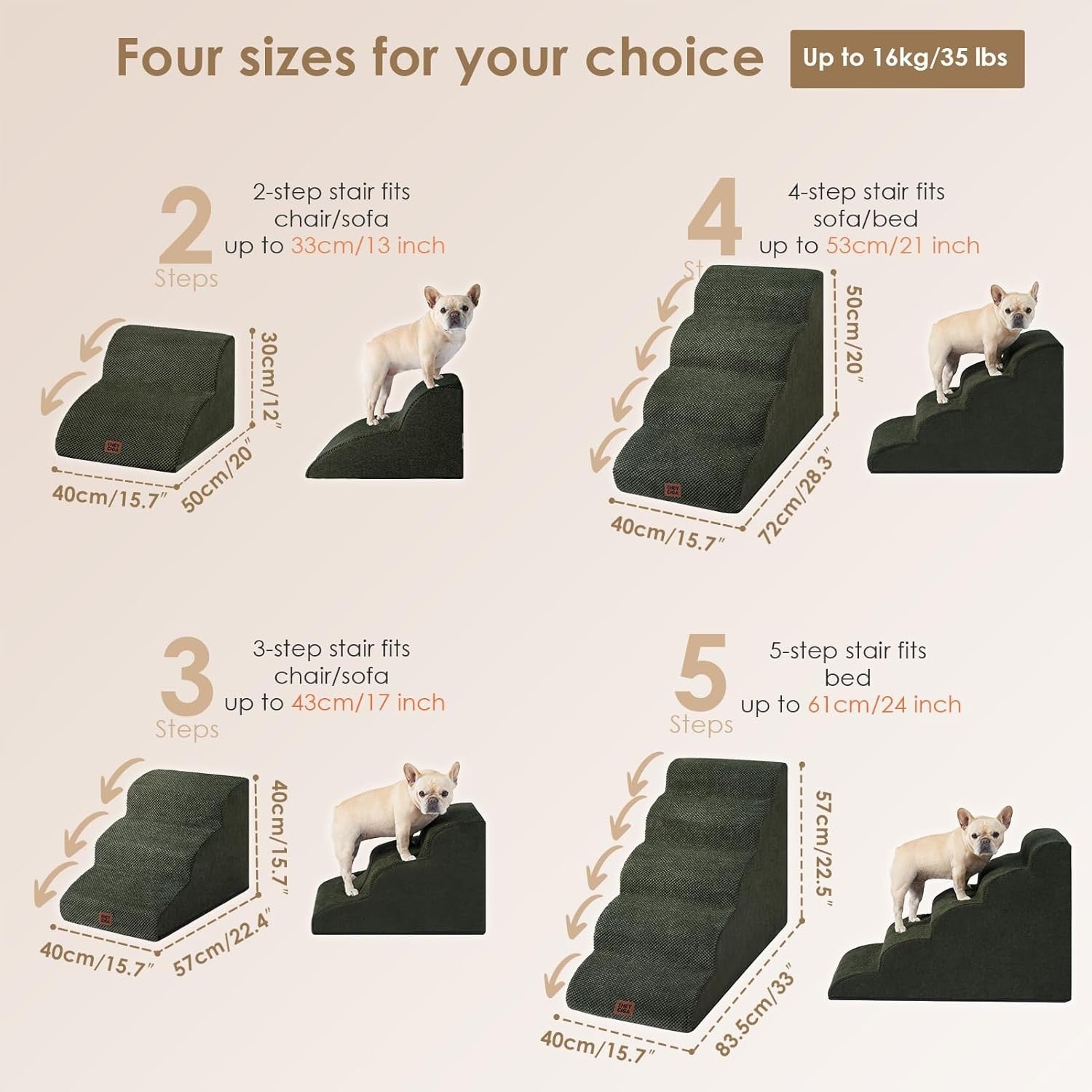 2 Step Dog Stairs for Sofa Non Slip Pet Steps Washable Olive 40x50x30