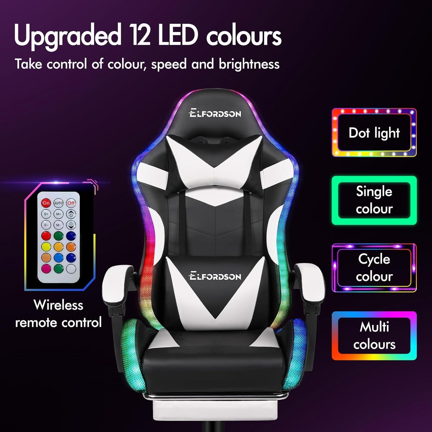 White LED Gaming Chair RGB 8-Point Massage Recliner w/ Footrest
