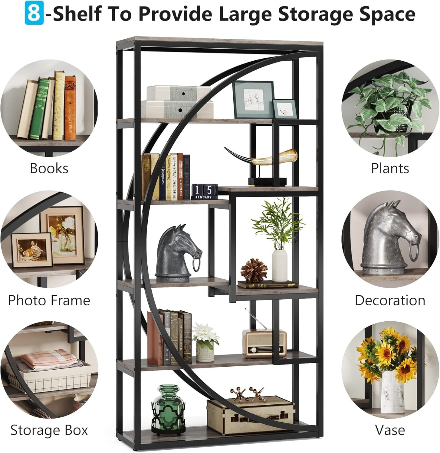 Industrial 5-Tier Geometric Bookshelf Tall Display Unit with 8 Open Shelves