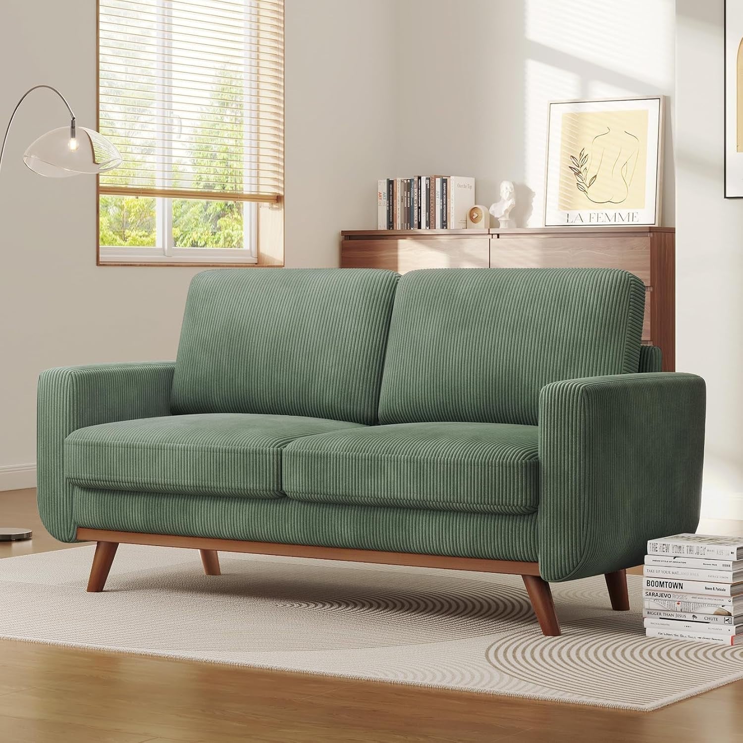 Green Corduroy Luxe 2 Seater Sofa | Deep Seat Loveseat for Small Spaces