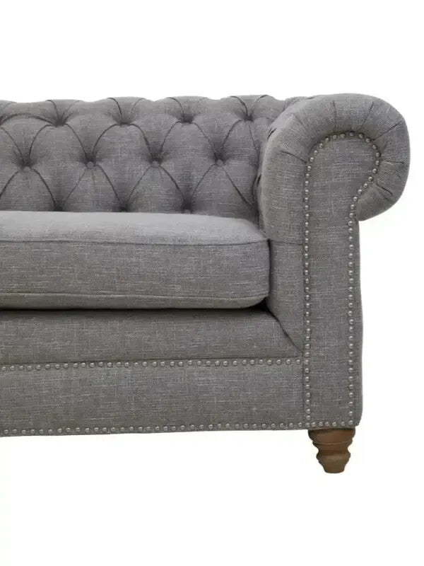Grey Linen 3 Seater Chesterfield Sofa w/ Scroll Arms & Wooden Legs