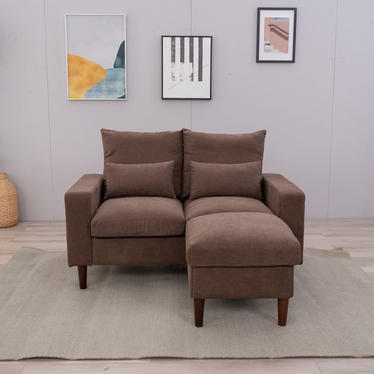 2 Seater Sofa Brown with Footstool Linen Fabric Small Couch + 2 Cushions