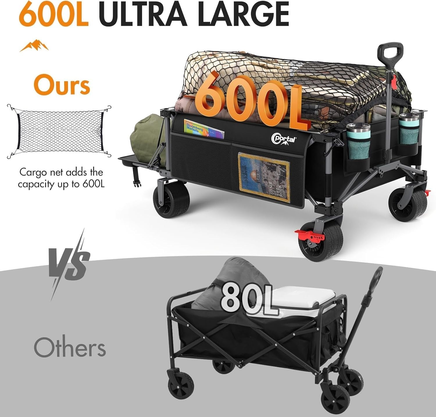 600L XXL Folding Camping Wagon Heavy Duty Festival Trolley with Brakes 180kg