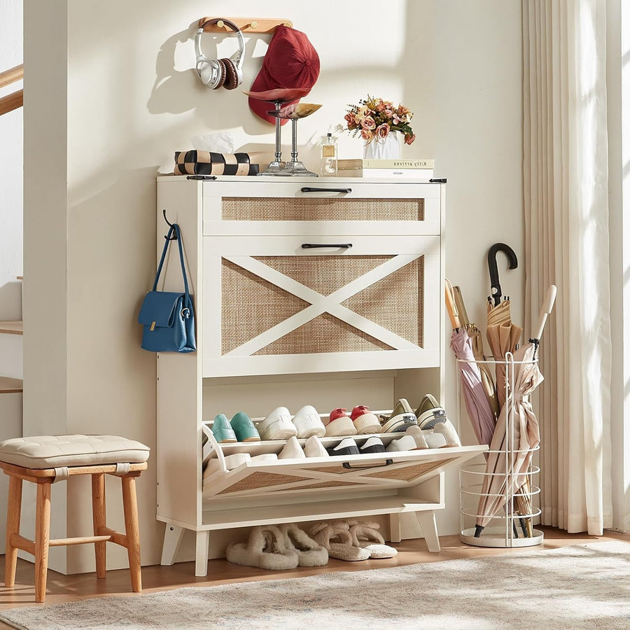 Slim White Shoe Cabinet with Bamboo Mesh – Stylish, Space-Saving Storage