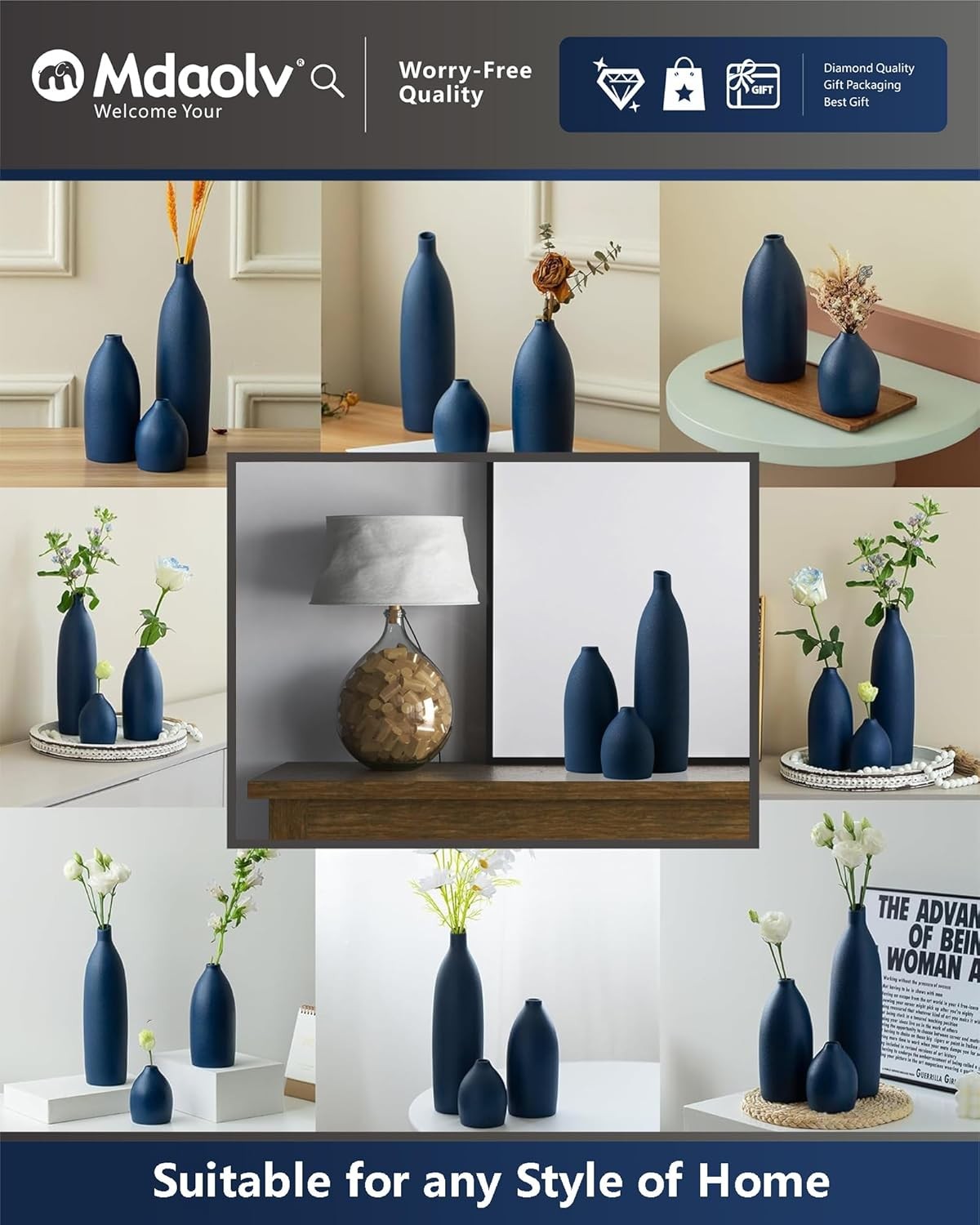 Matte Blue Ceramic Vase Set Modern Coastal Home Décor Table Shelf Display