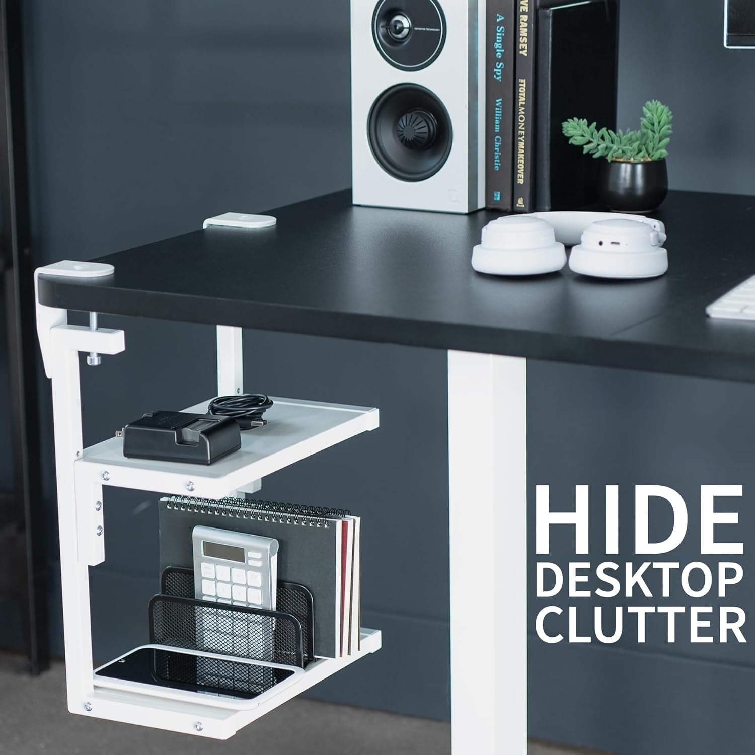 Clamp-On Desk Shelf 2-Tier White 13" Above/Below Mount Storage Organizer