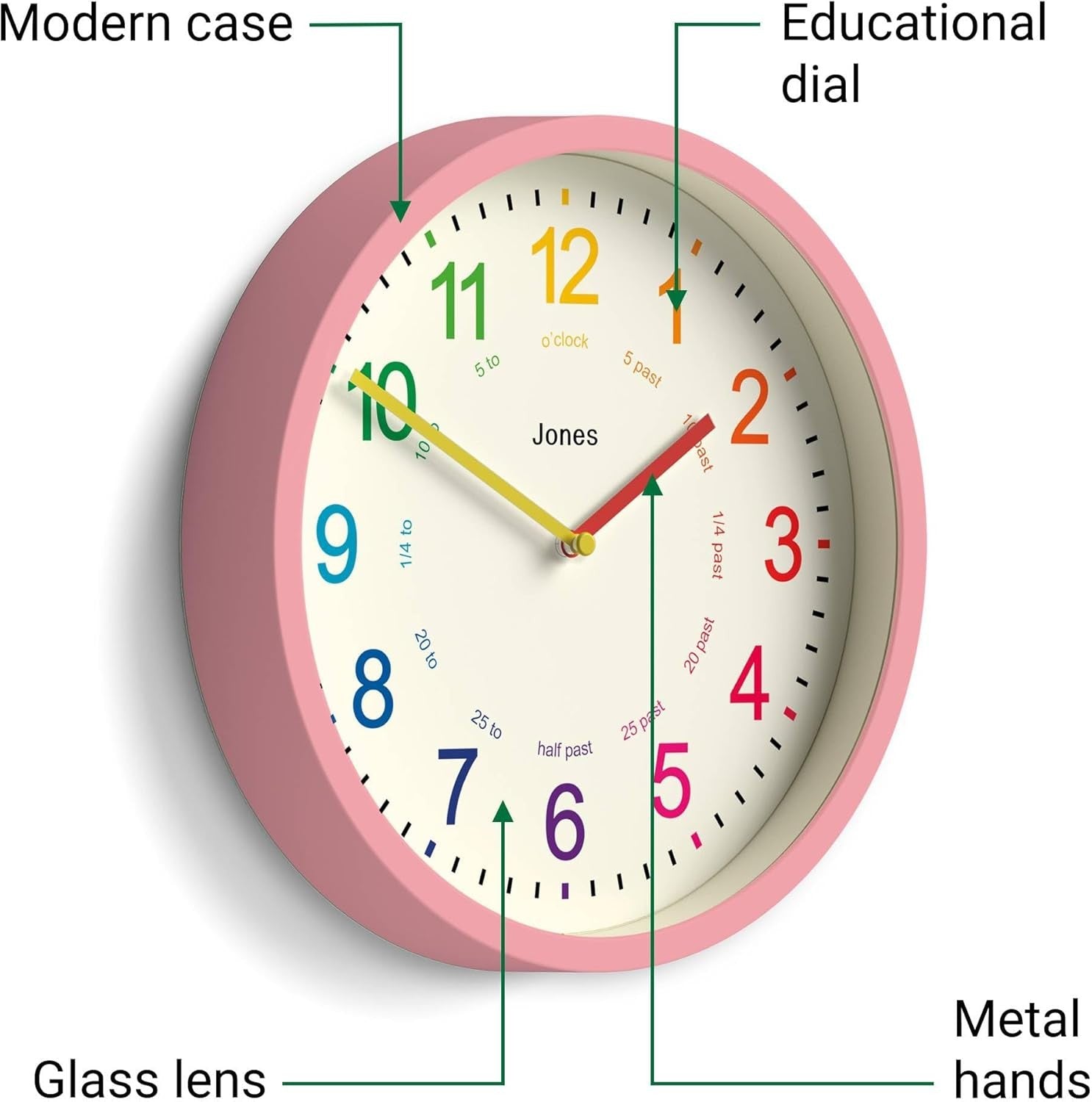 25cm Kids Wall Clock Pink – Silent Non-Ticking Colourful Numbers Learn Time