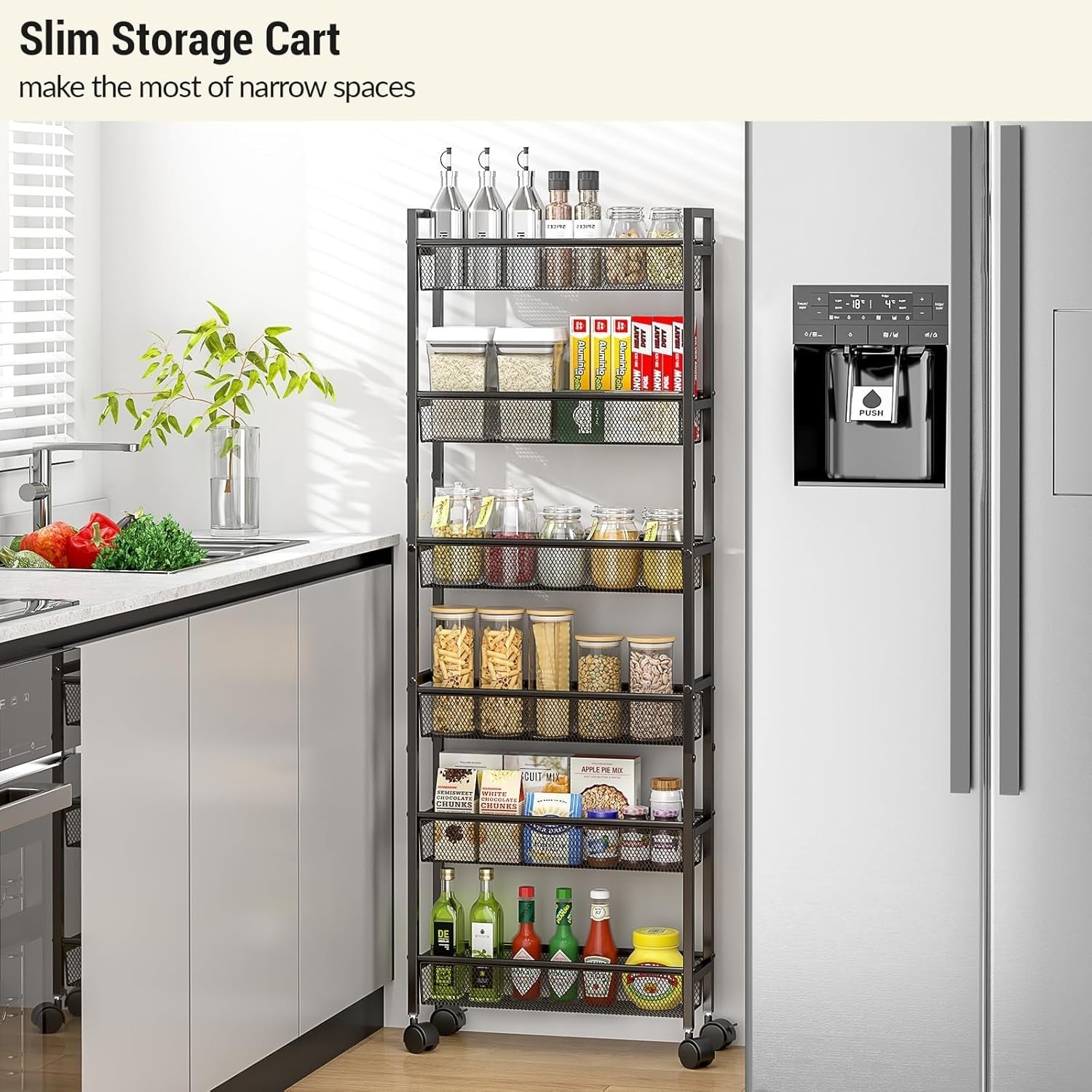 6 Tier Slim Rolling Storage Cart Narrow Utility Shelf with Wheels Black