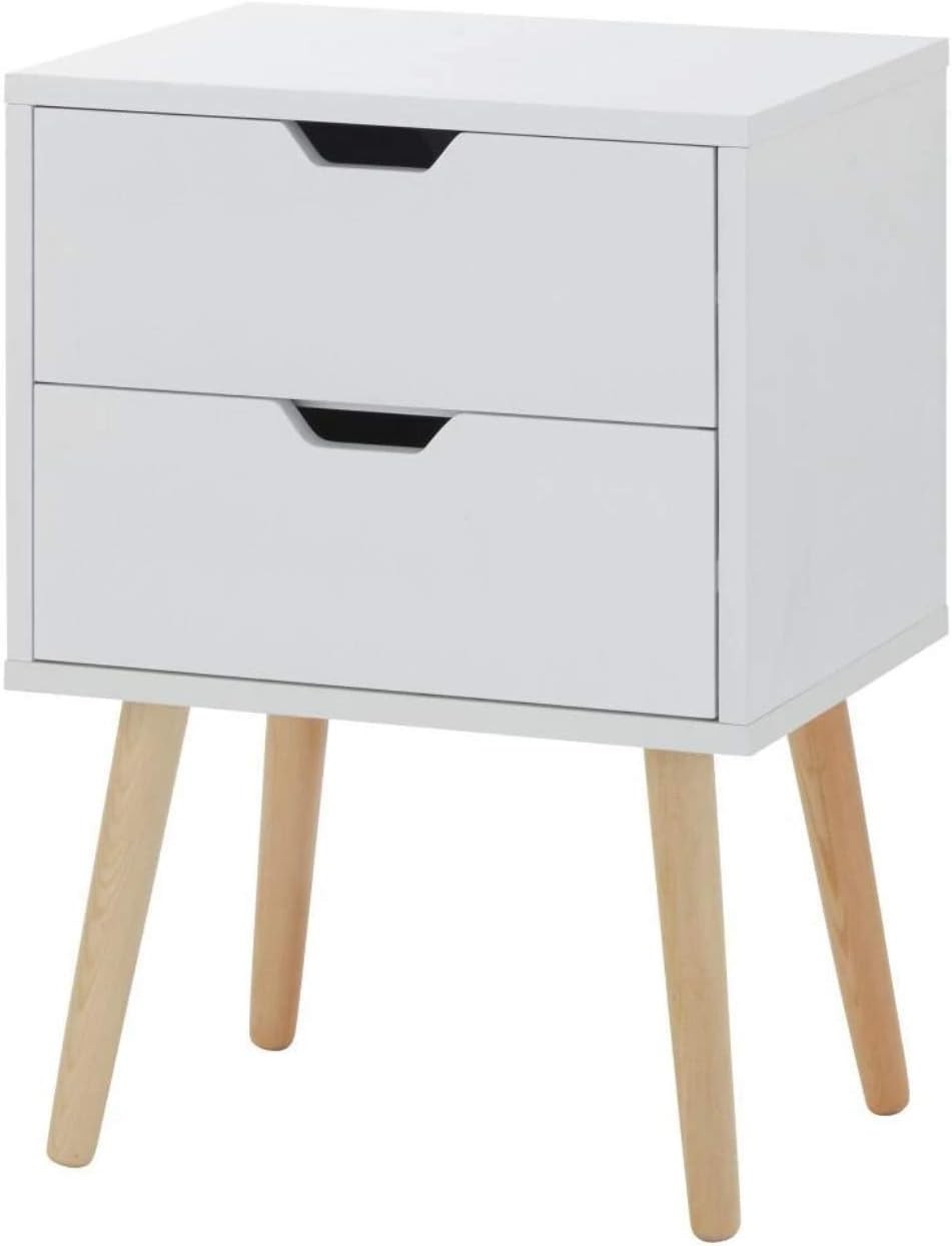 Set of 2 White Bedside Tables with 2 Drawers & Wooden Legs