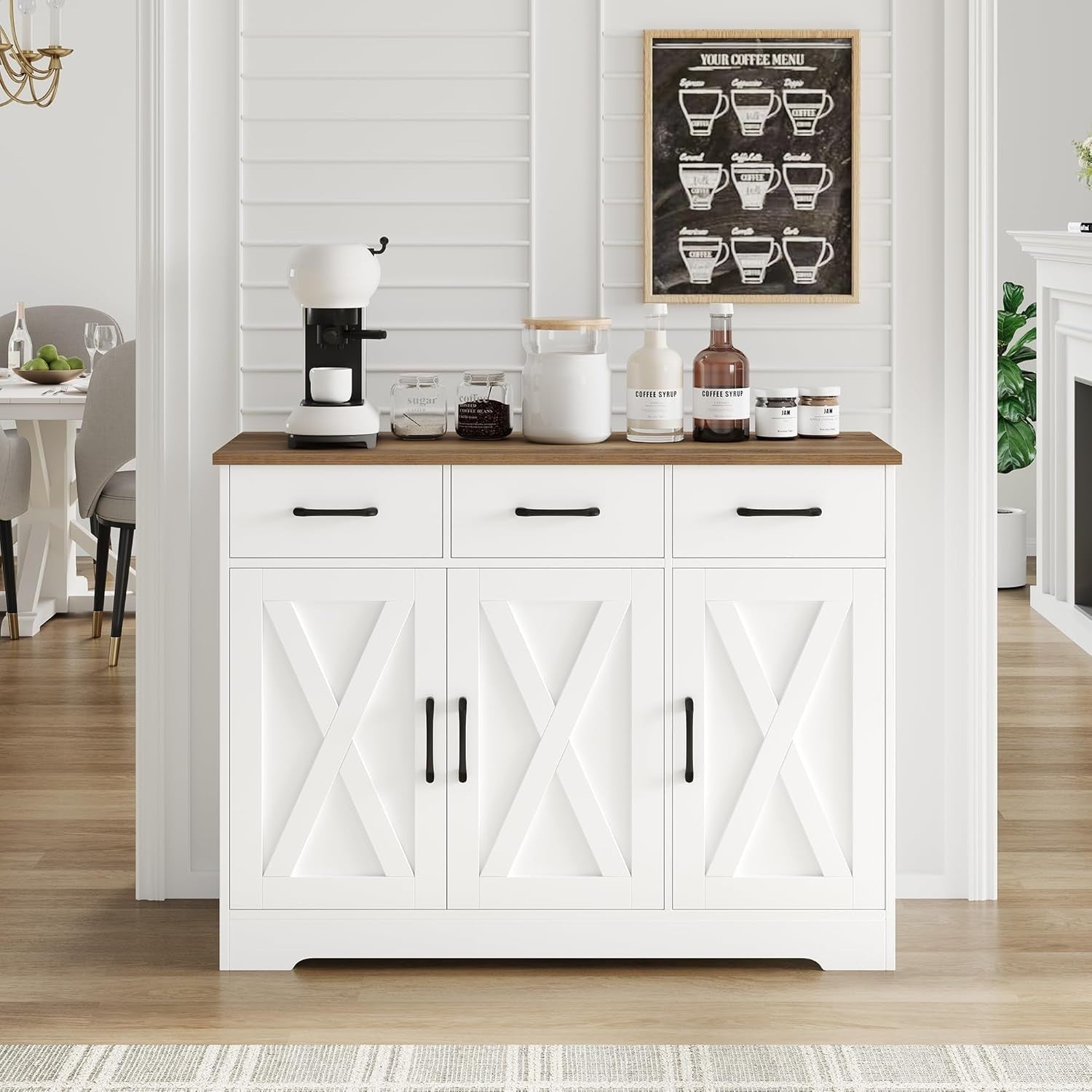 Modern Sideboard Cabinet White Brown – 3 Drawers 3 Doors, 108.5cm Storage