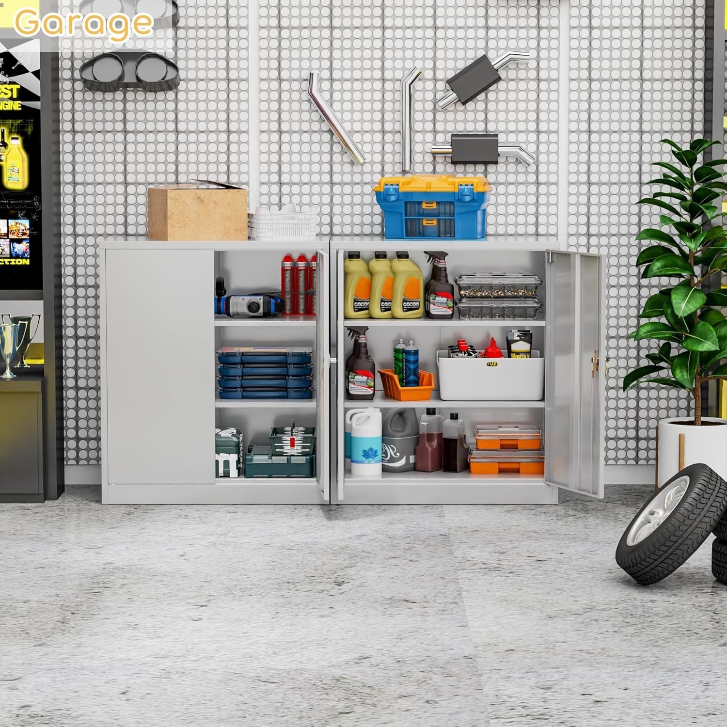Metal Storage Cabinet  Lock Doors 2 Adjustable Shelves Office Home