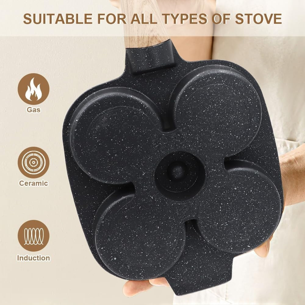 4-Cup Egg Pan Non-Stick Pancake Skillet w/ Lid & Detachable Handle Black