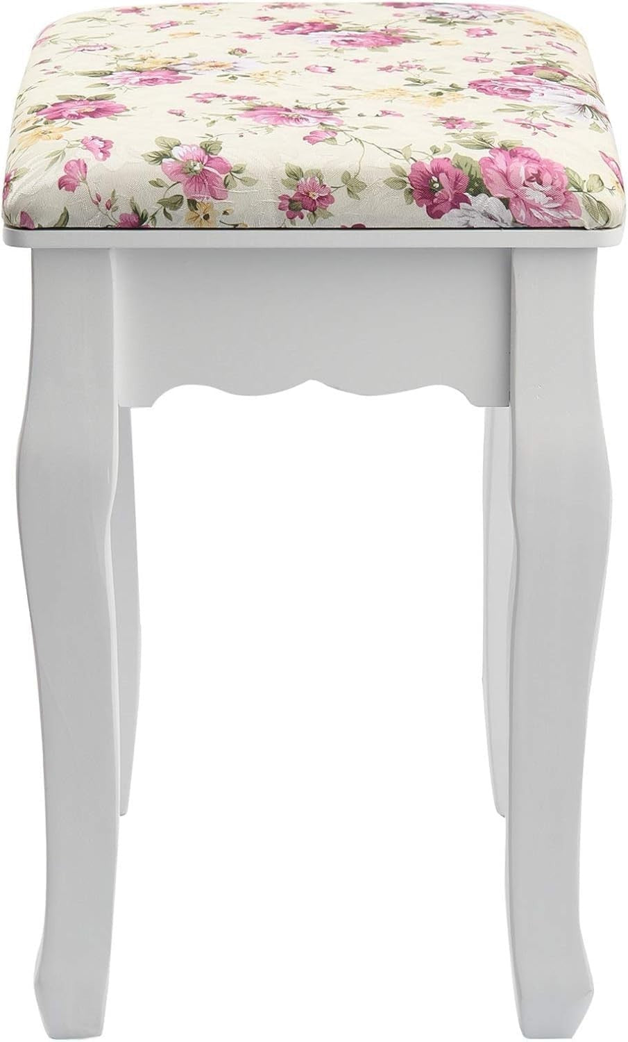 Rose Baroque Vanity Stool with Curved Wood Legs – Elegant Makeup Chair