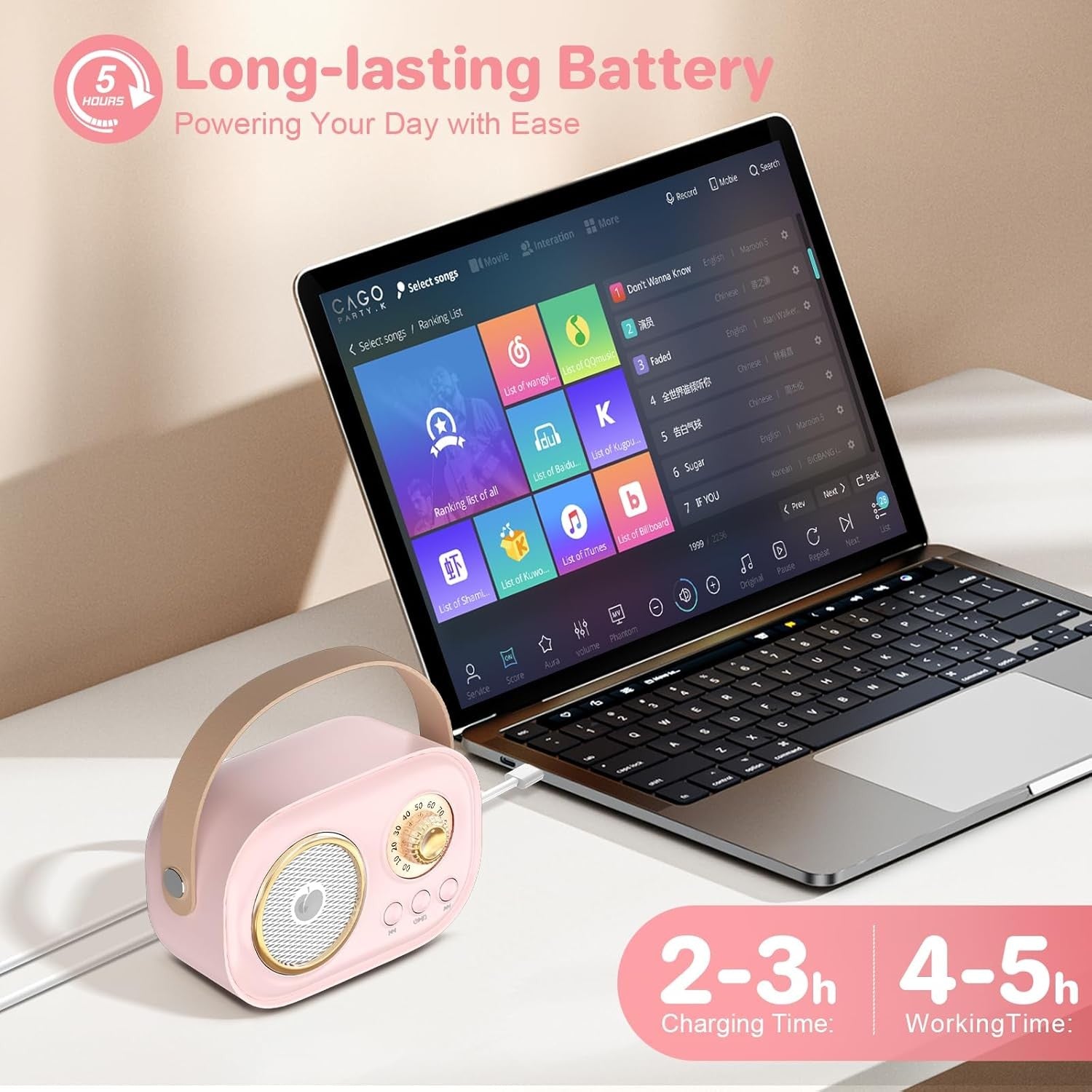 Mini Karaoke Machine Portable Bluetooth 2 Wireless Mics Kids Teens Pink