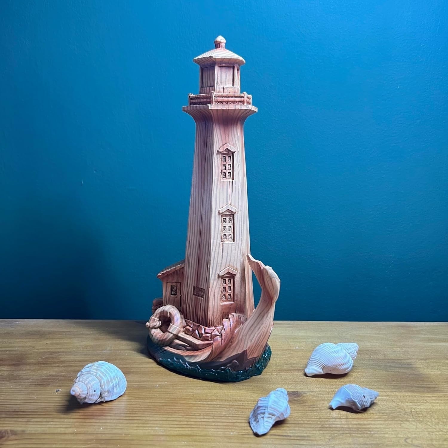 Wood-Effect Lighthouse Ornament 22cm | Nautical Decor Sculpture | Whale Tail