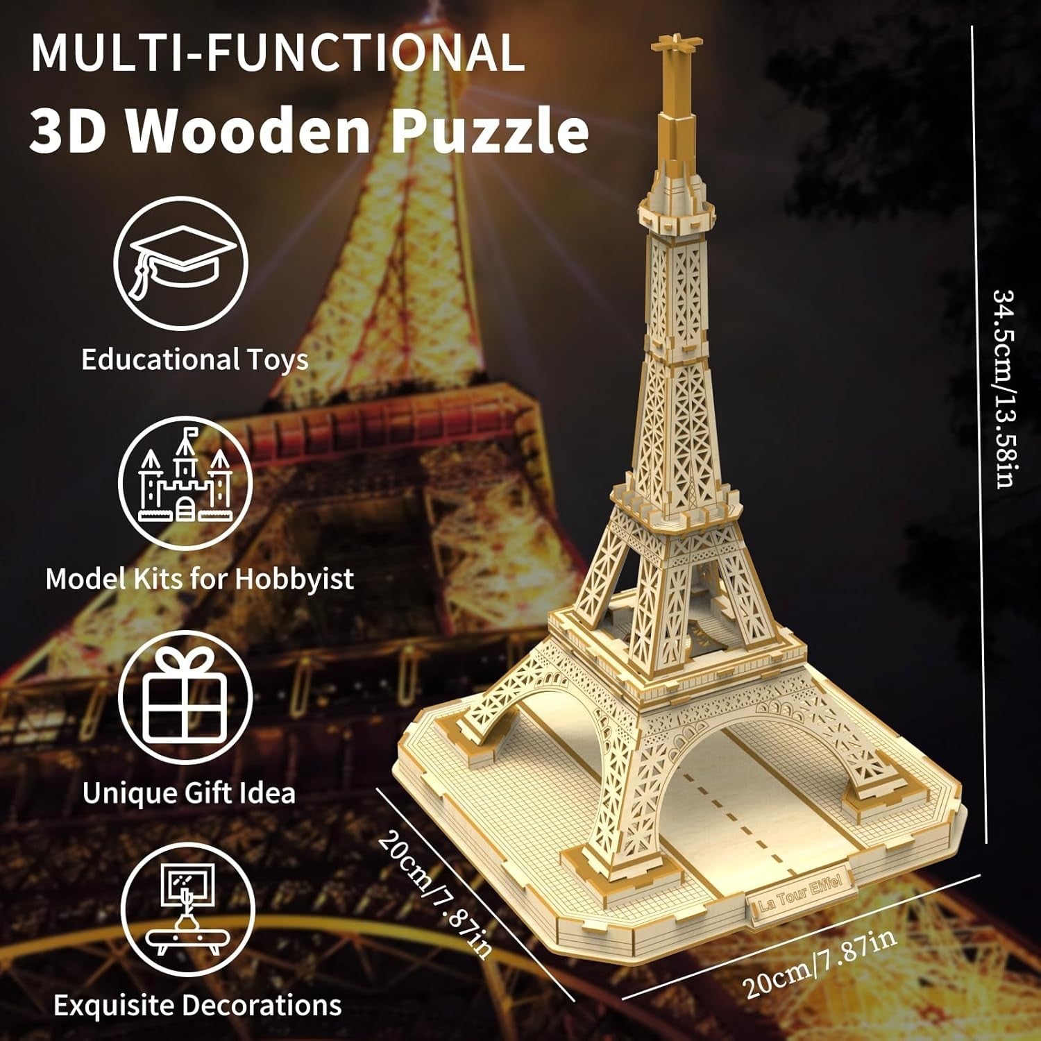3D Wooden Eiffel Tower Puzzle Model Kit – DIY Mechanical Craft, 105 PCS