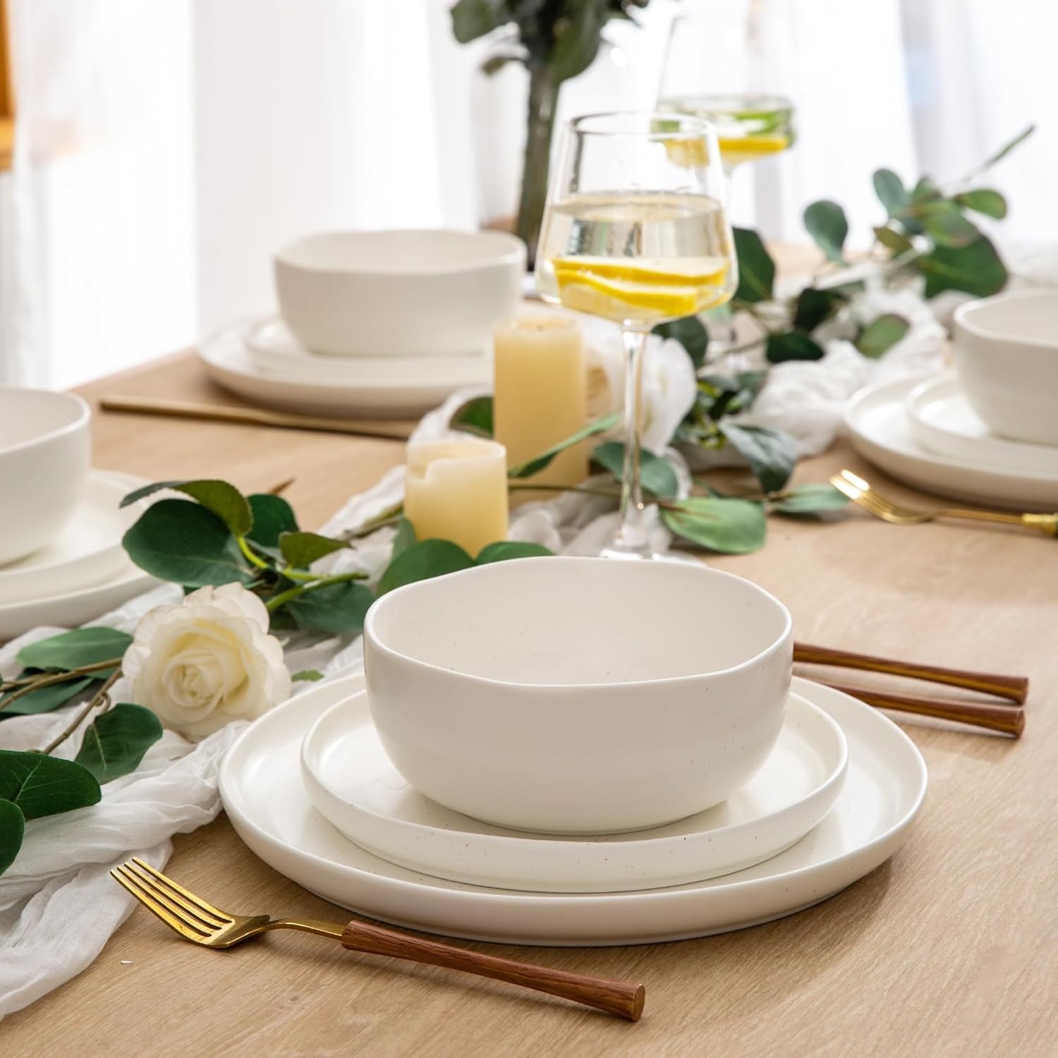 18pc Stoneware Dinner Set Wavy Rim Plates Bowls Matte Speckled White