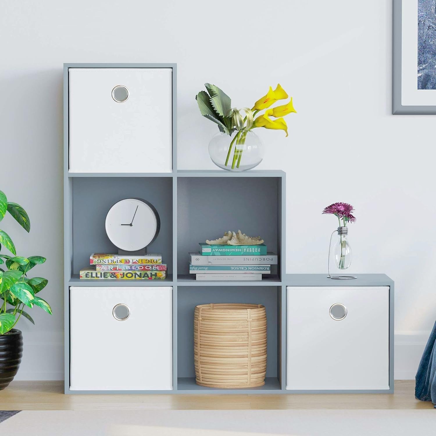 Modern 6 Cube Staircase Storage Shelf Grey Unit + 3 White Baskets – Home Organiz