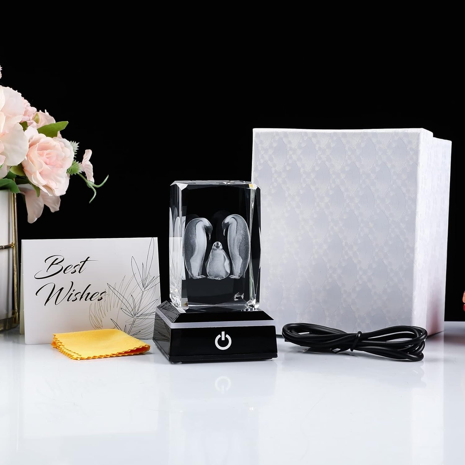 3D Crystal Penguin Family Figurine with LED Base • Glass Night Light Gift Decor