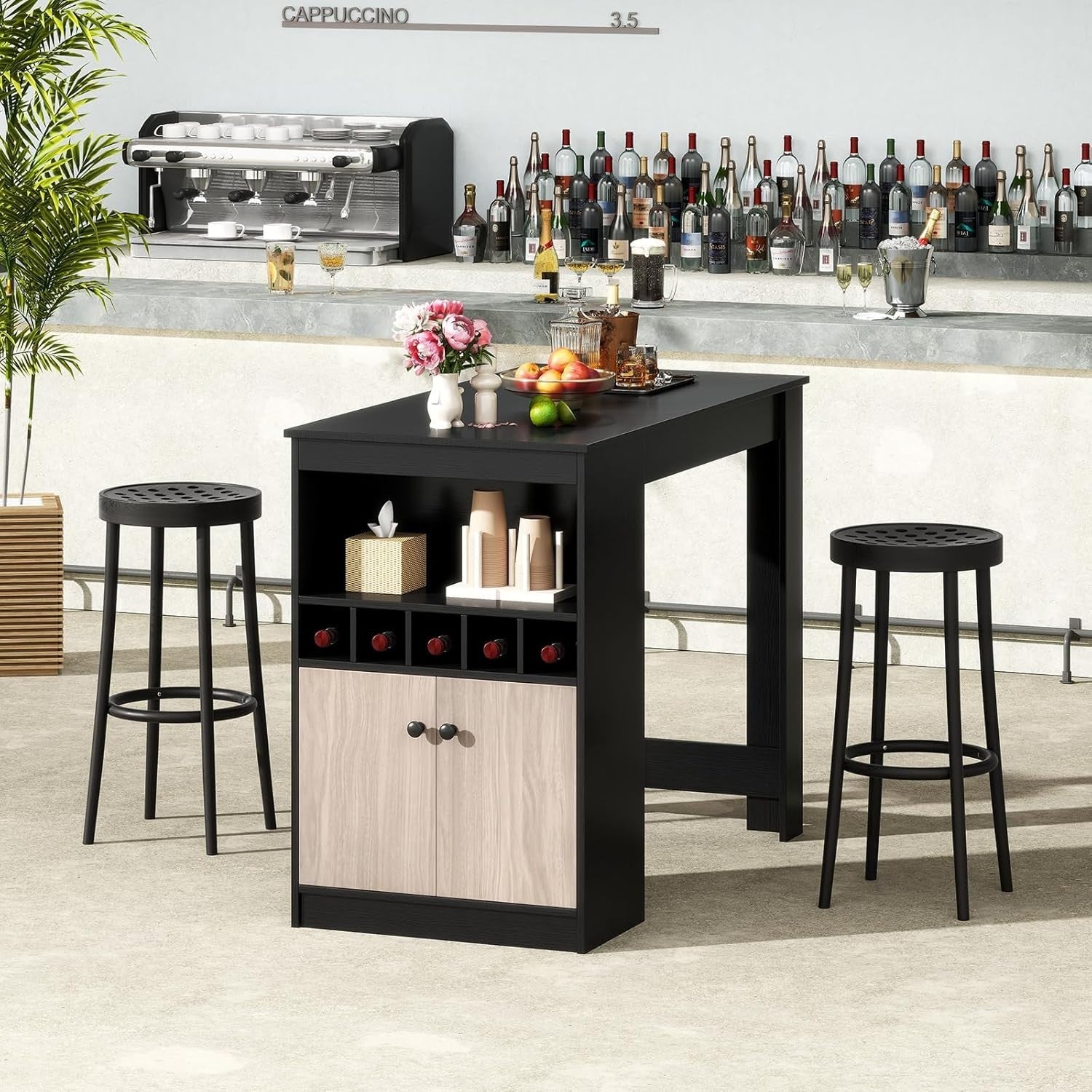 120cm Counter Height Bar Table with Storage, Wine Rack & Adjustable Shelf Unit