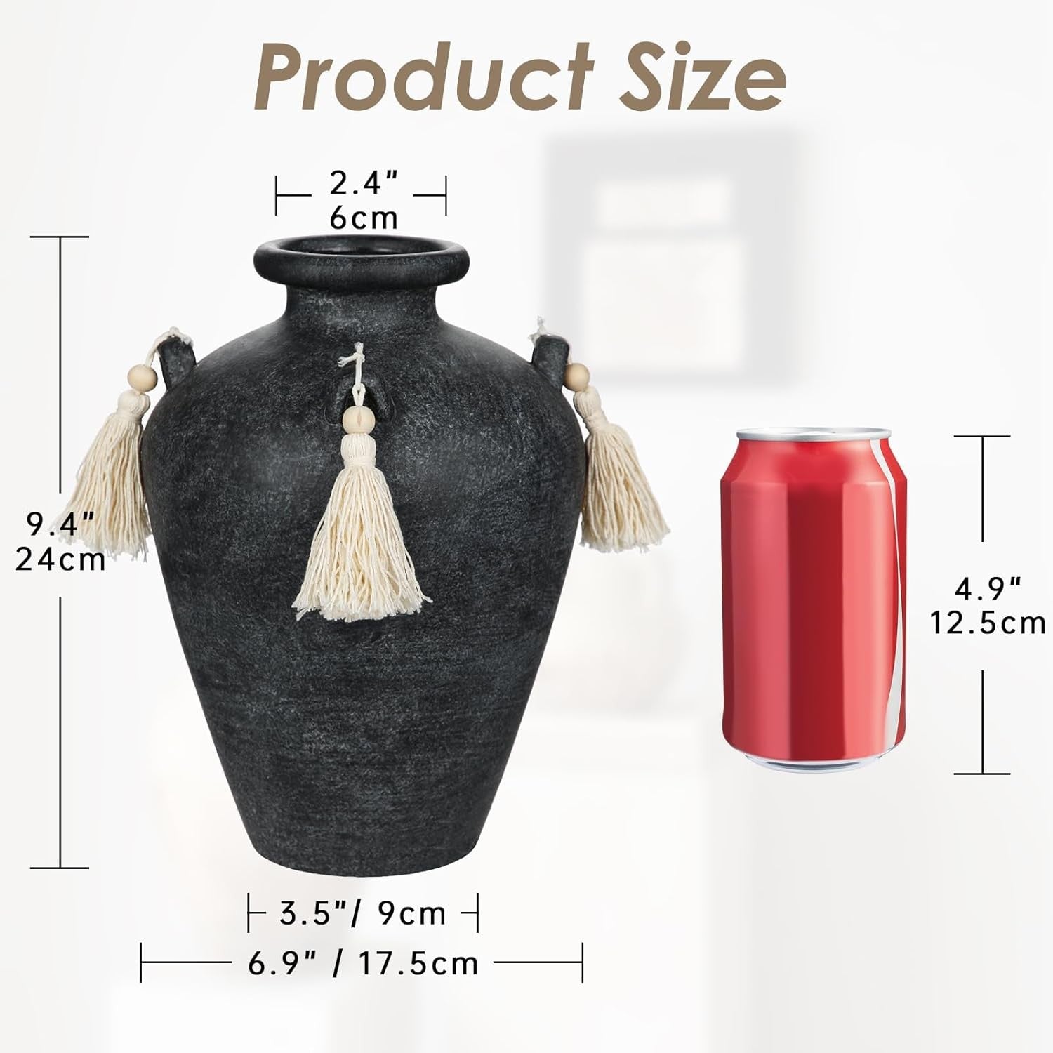 Black Ceramic Vase with Tassels Boho Pampas Grass Rustic Home Decor 24cm