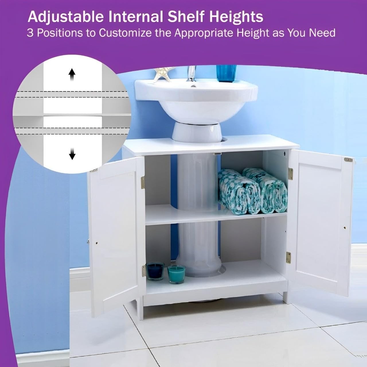 White Under Sink Bathroom Cabinet with Doors & Shelf Storage 60x30x60cm