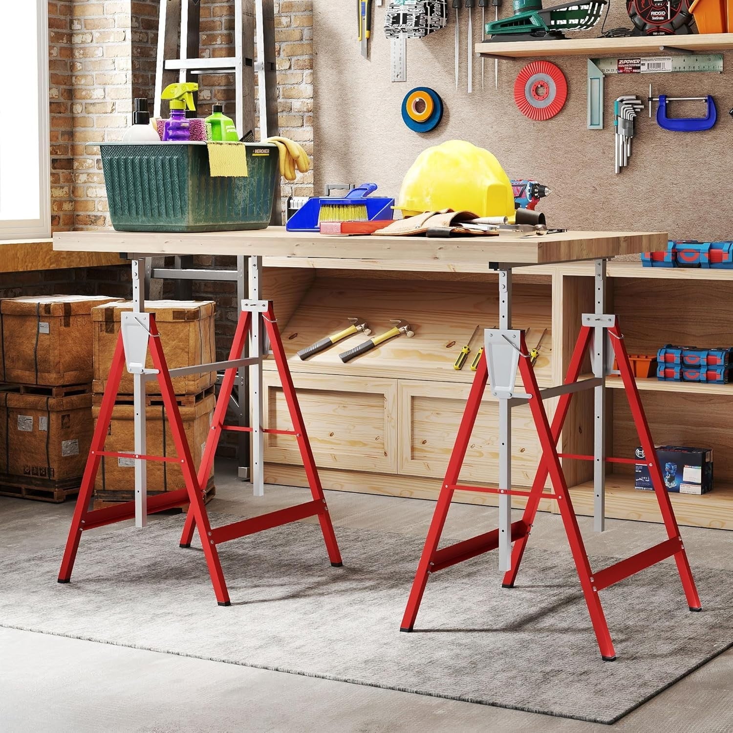 2x Adjustable Telescopic Sawhorse Folding Steel Trestle Work Bench Red 80–130cm