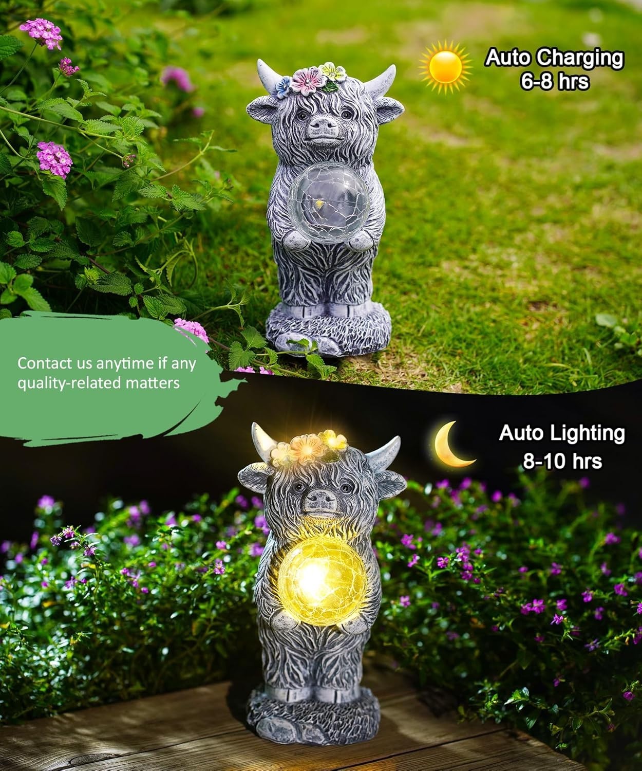 Solar Highland Cow Garden Ornament with LED Ball – Waterproof Outdoor Statue